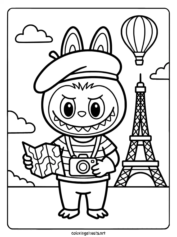 Labubu at the Eiffel Tower coloring page for kids free