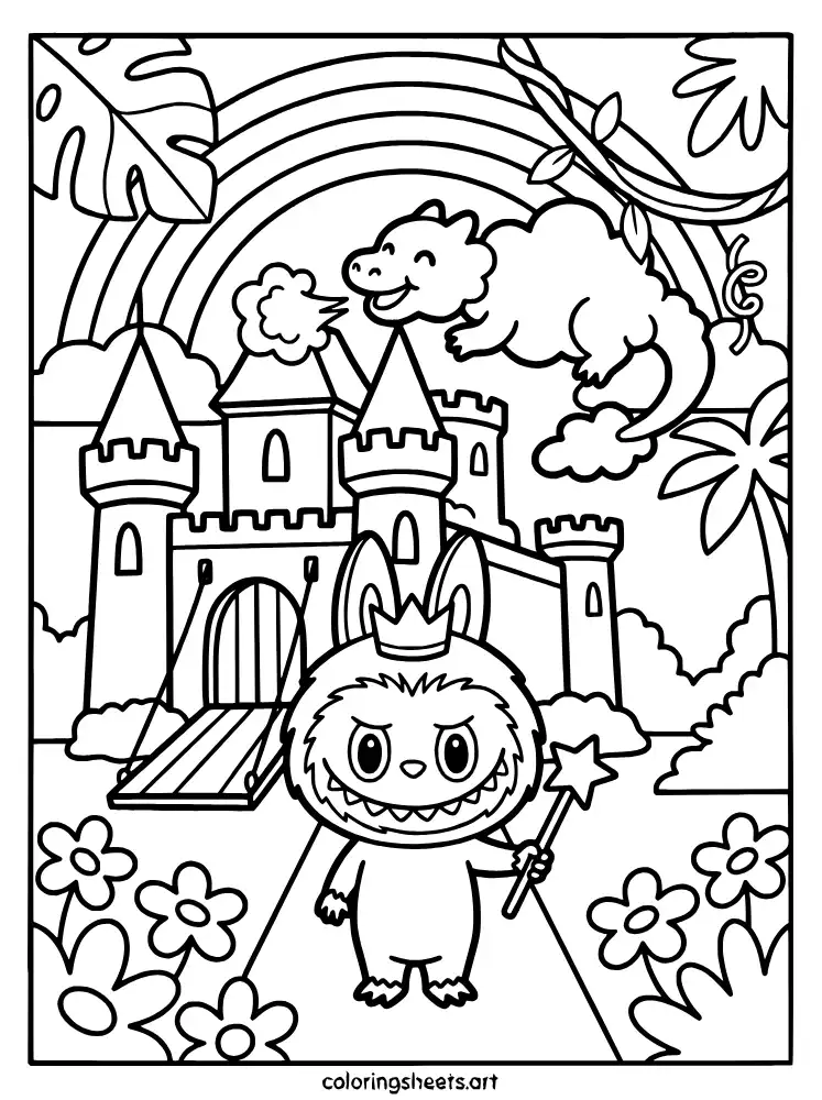 Labubu in a fairy tale castle coloring page for kids