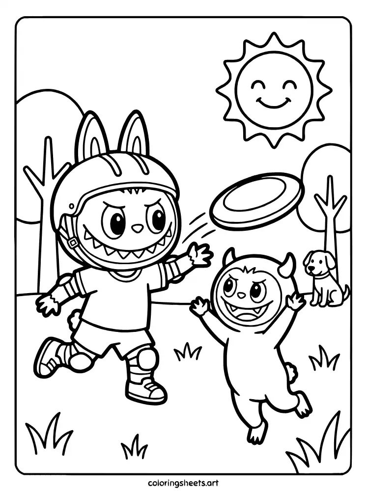 Labubu playing frisbee with a friend coloring page PDF