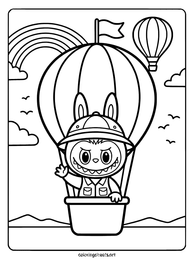 Labubu flying in a hot air balloon coloring page PDF
