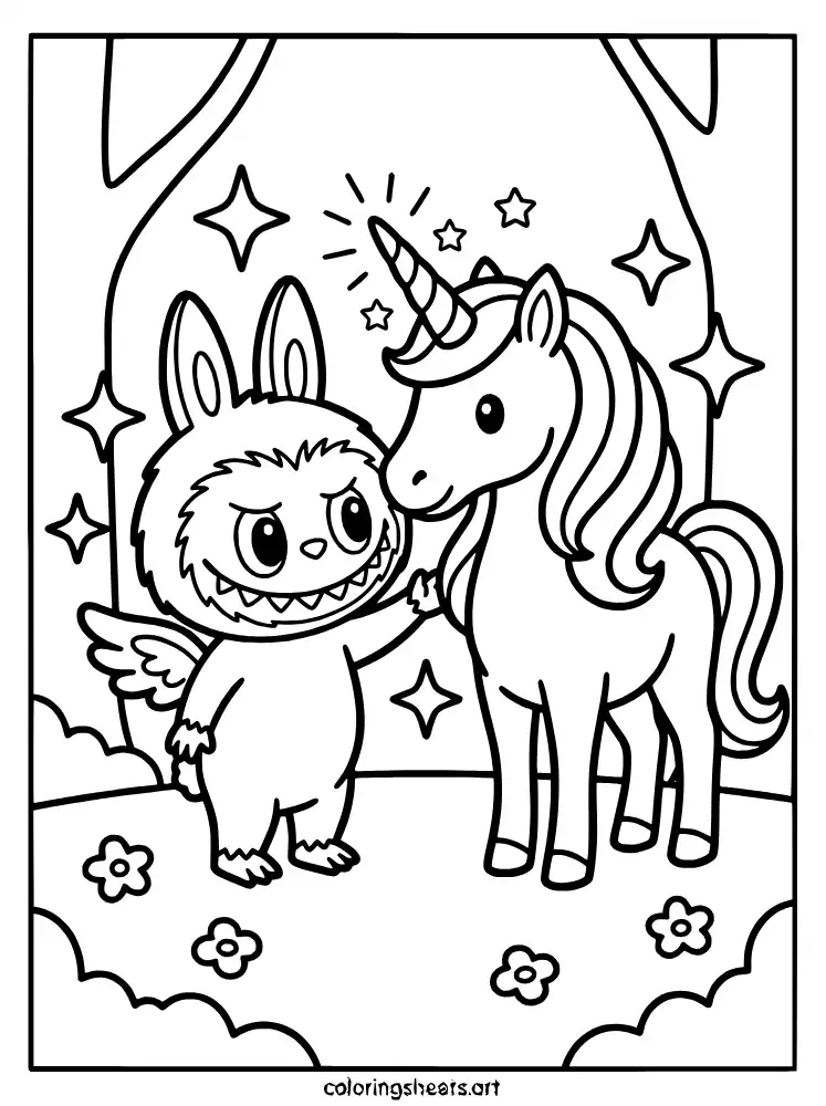 Labubu meeting a unicorn coloring page for kids free