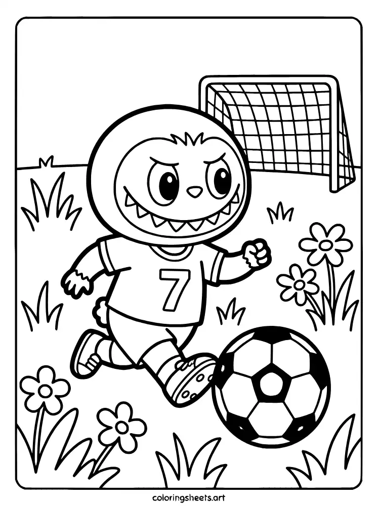 Labubu playing soccer coloring page for kids free