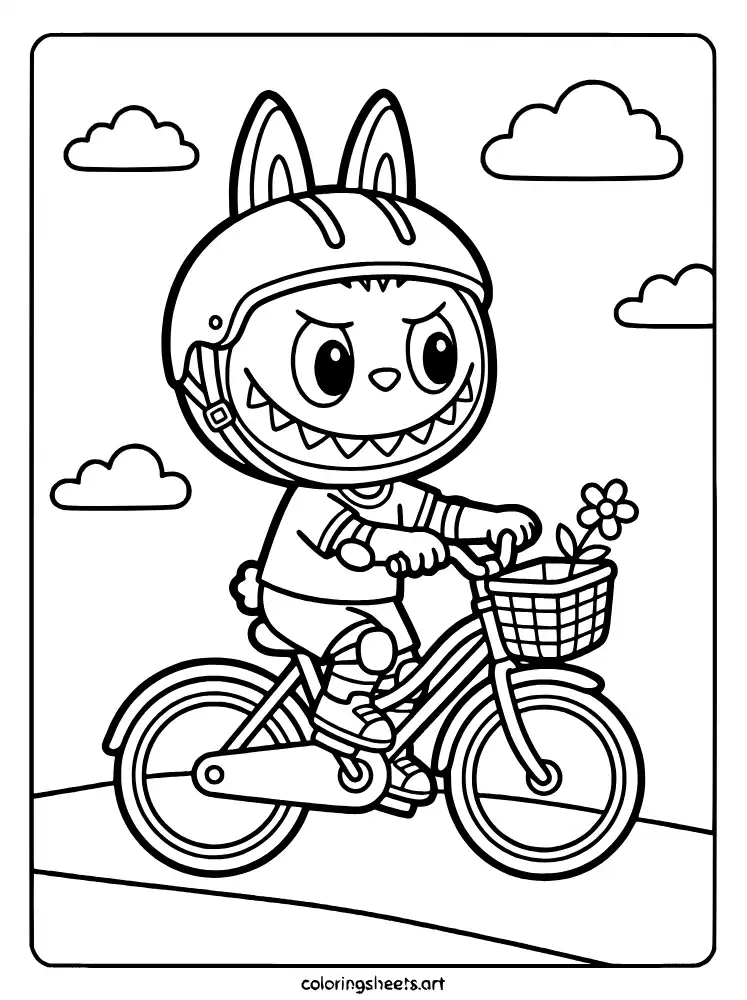 Labubu riding a bicycle coloring page for toddlers