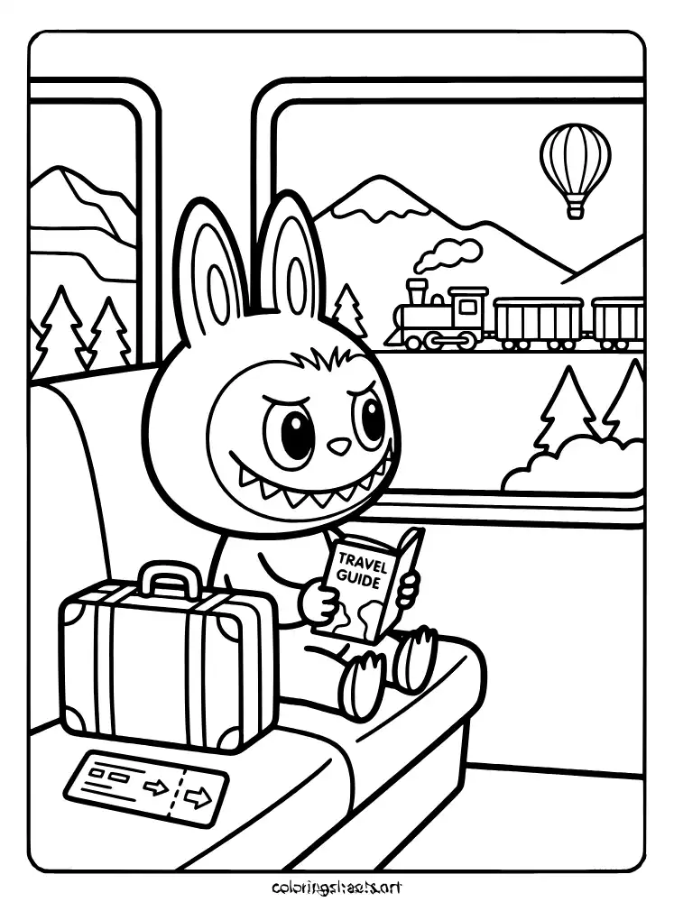 Labubu riding a train coloring page for kids free