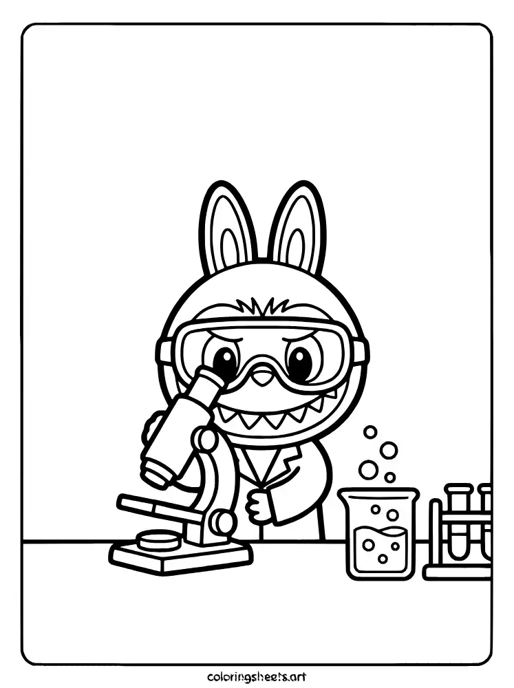 Labubu the scientist with a microscope coloring page for kids