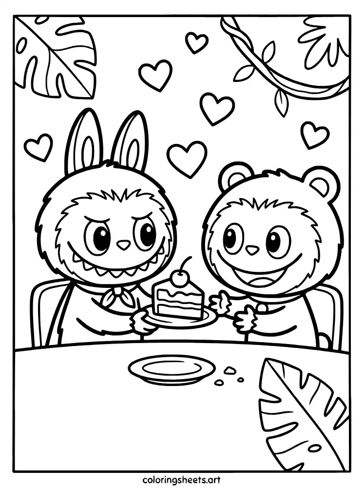 Labubu sharing with a friend coloring page PDF