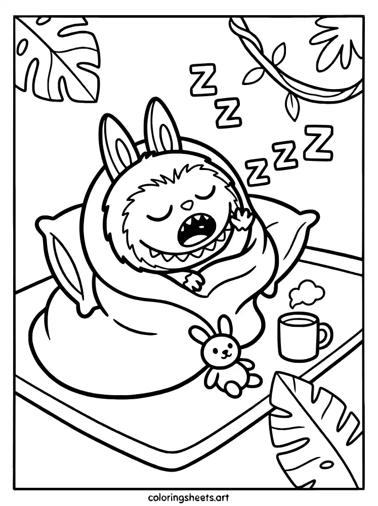 Labubu feeling sleepy and cozy coloring page for toddlers