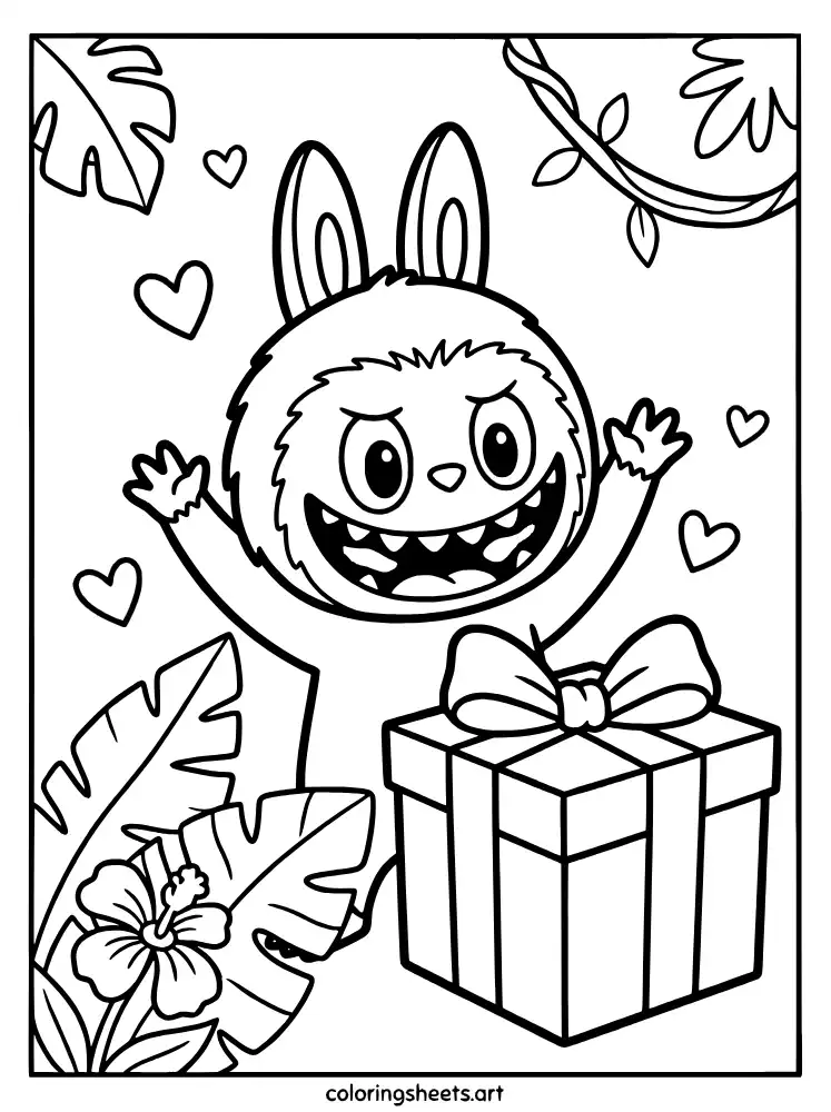 Labubu surprised by a gift coloring page for kids