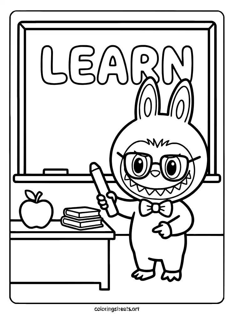 Labubu the teacher at a blackboard coloring page for kids