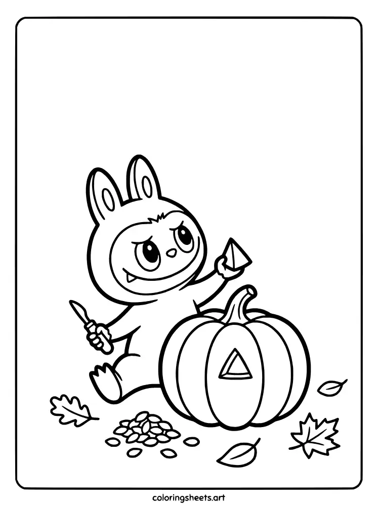 Labubu carving a pumpkin Halloween coloring sheet PDF