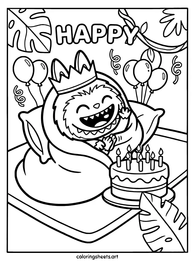 Labubu celebrating a birthday coloring sheet free