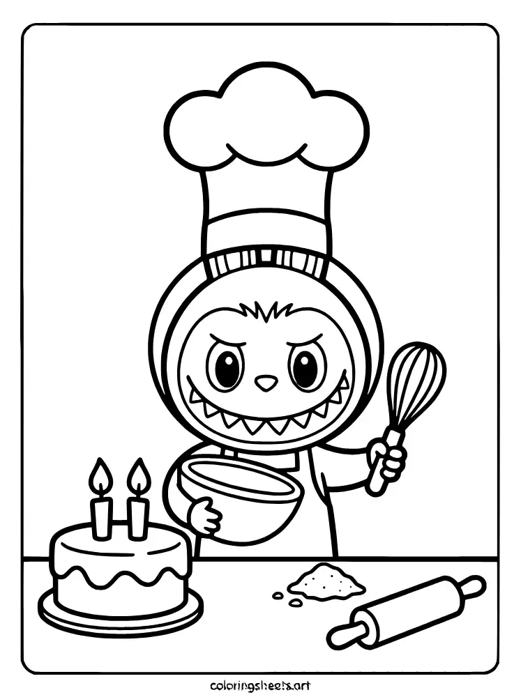 Labubu the chef baking a cake coloring sheet for kids