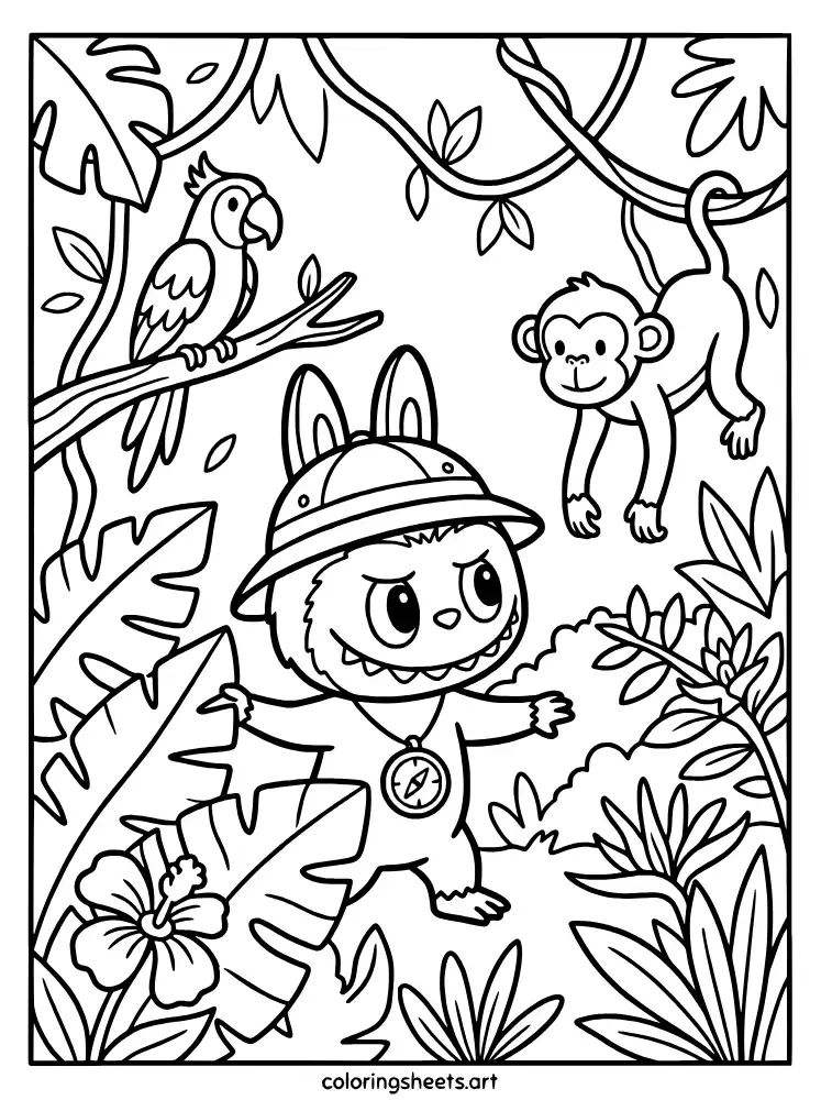 Labubu exploring a jungle coloring sheet printable