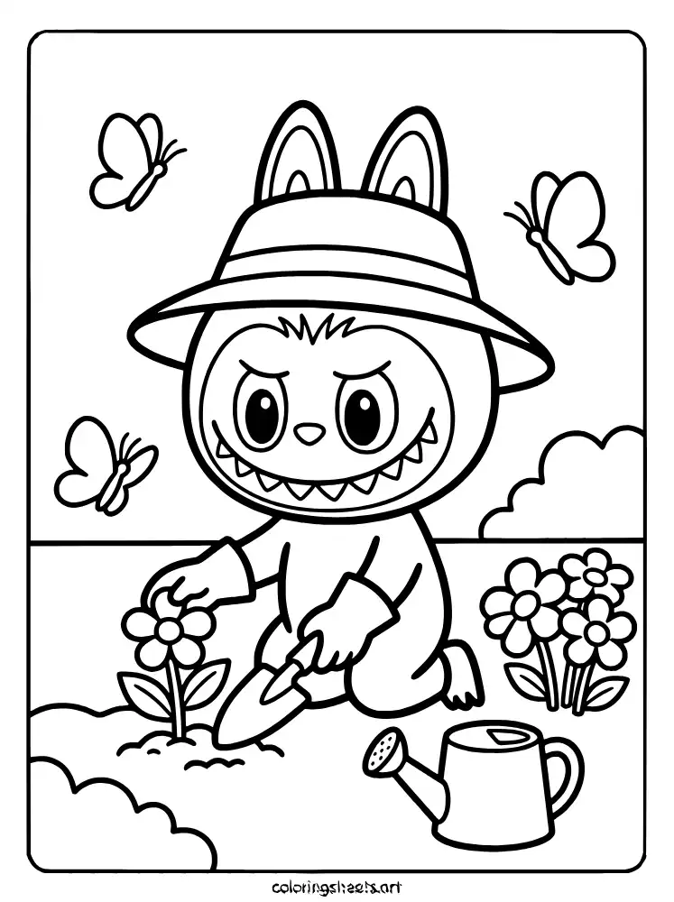 Labubu the gardener planting flowers coloring sheet free