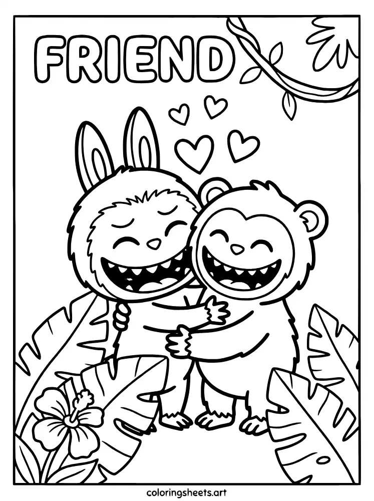 Labubu hugging a friend coloring sheet for kids free