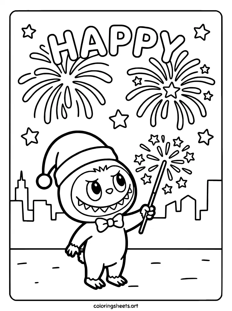 Labubu celebrating New Year with fireworks coloring sheet free