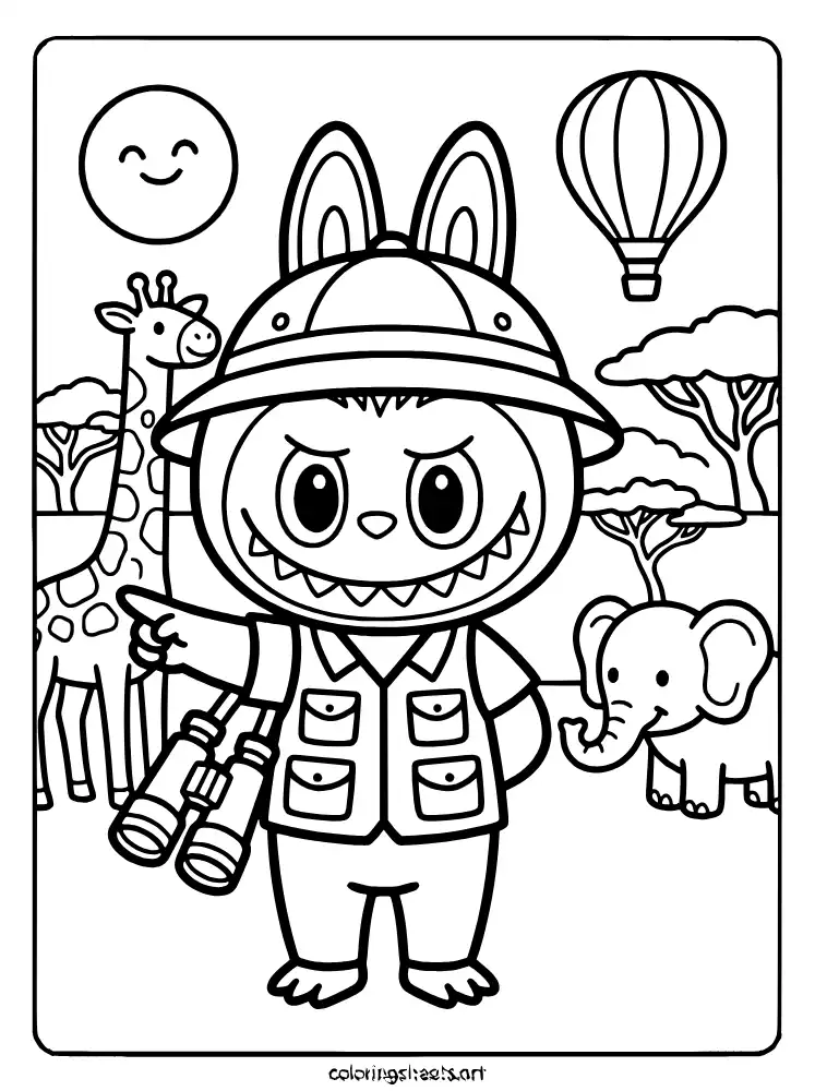Labubu on a safari adventure coloring sheet for kids