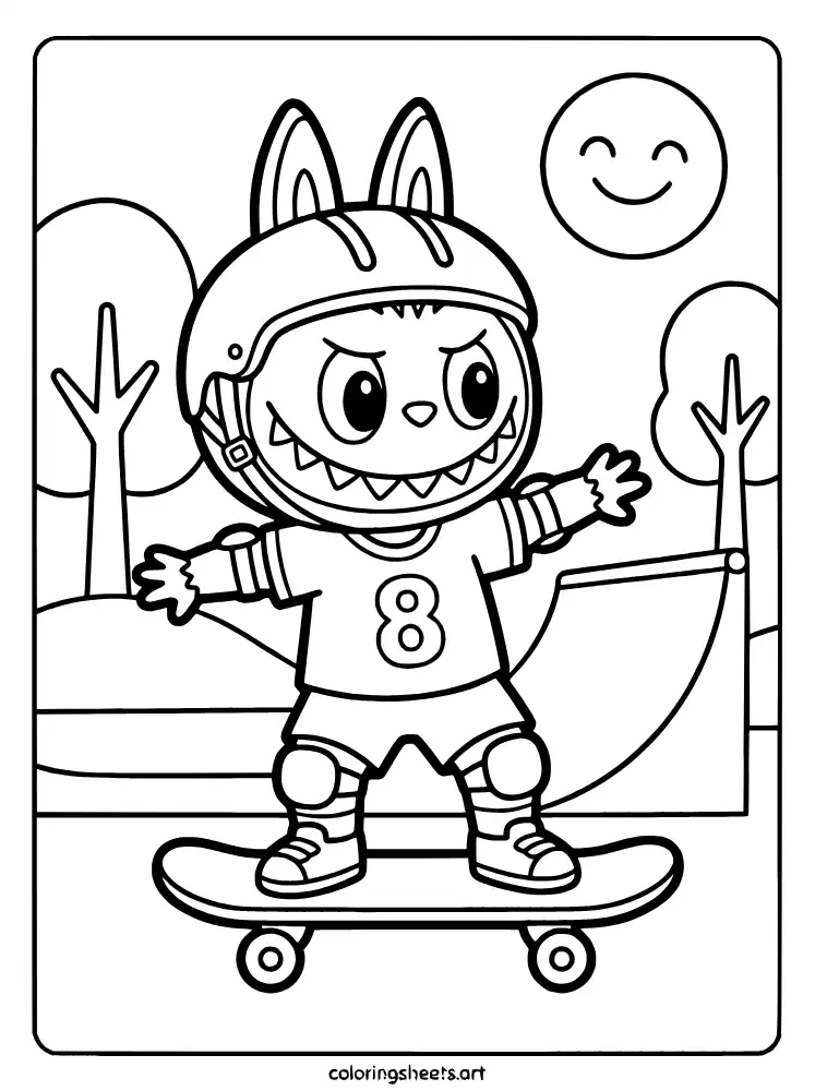 Labubu skateboarding in the park coloring sheet for kids