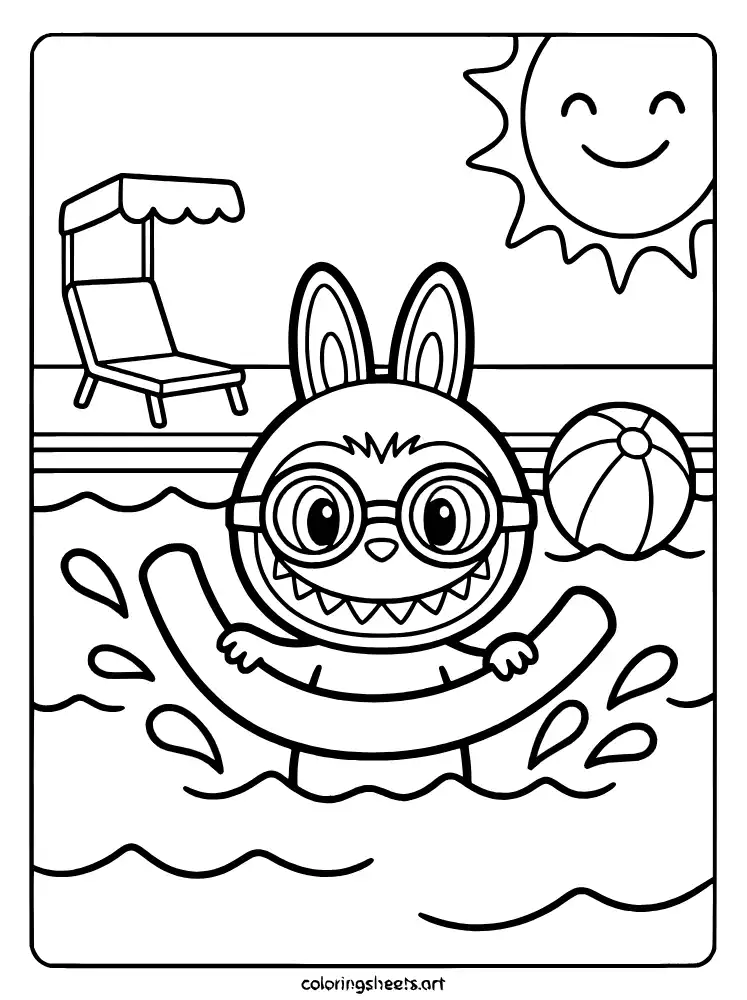 Labubu swimming in a pool coloring sheet printable