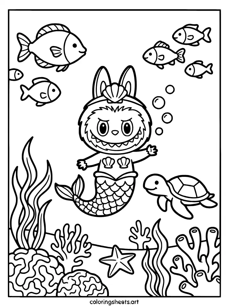 Labubu under the sea coloring sheet for kids free