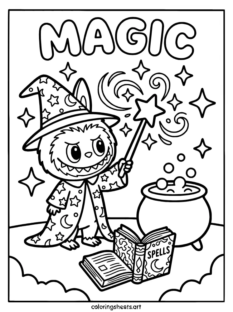 Labubu in a wizard's robe casting spells coloring sheet printable
