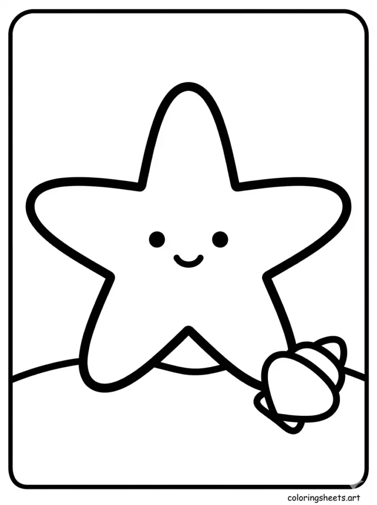 Free printable ocean coloring pages for kids toddlers featuring a simple starfish on the sand