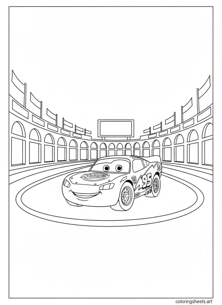 Lightning McQueen at the big race stadium coloring page
