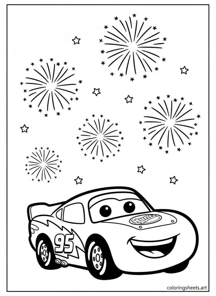 Lightning McQueen celebrating with fireworks coloring page for kids