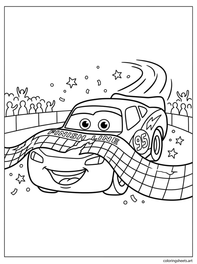 Lightning McQueen crossing the finish line coloring page