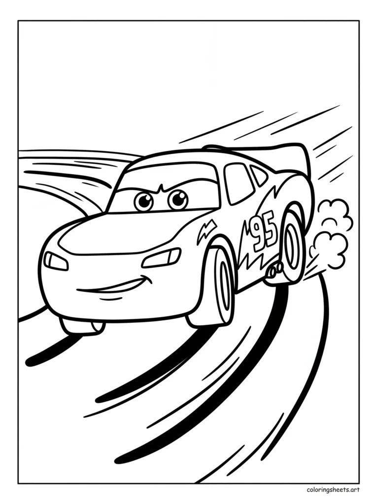 Lightning McQueen drifting on a racetrack coloring page