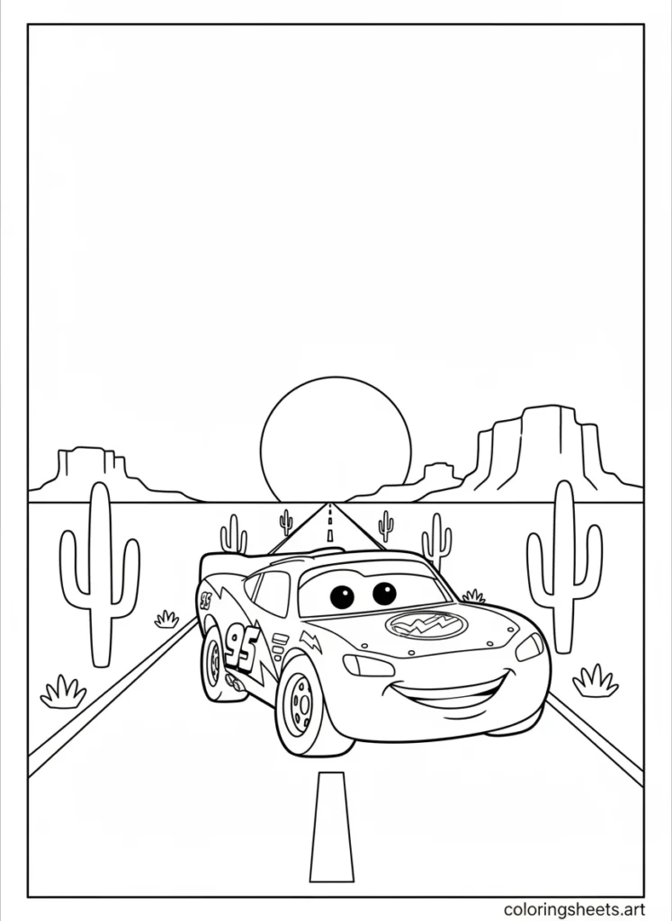 Lightning McQueen driving on a desert road coloring page