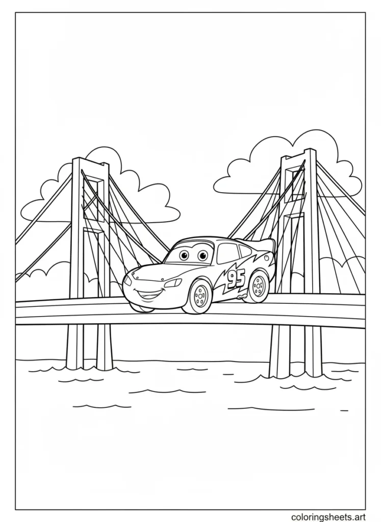 Lightning McQueen driving over a big bridge coloring page