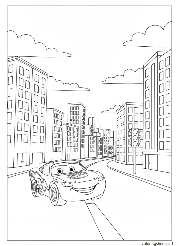 Lightning McQueen driving through a big city coloring page