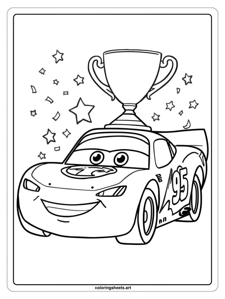 Lightning McQueen holding the winners trophy coloring page