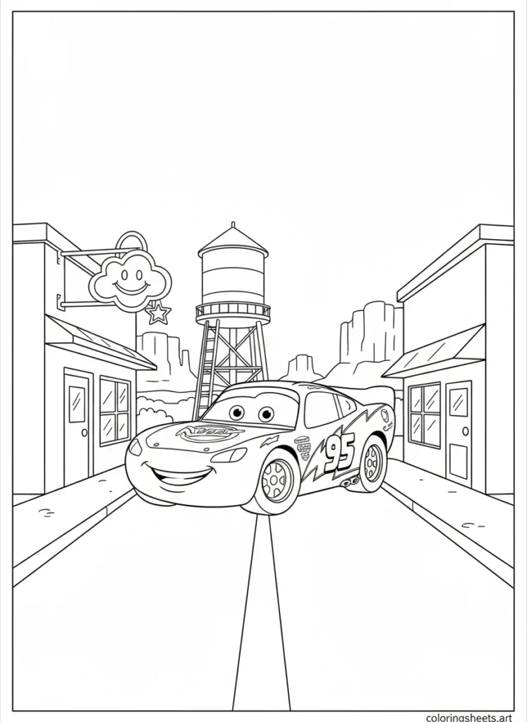 Lightning McQueen in Radiator Springs coloring page for kids
