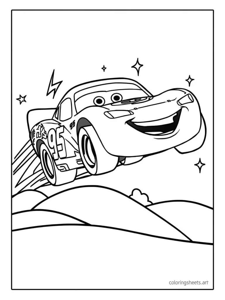 Lightning McQueen jumping over a hill coloring page for kids