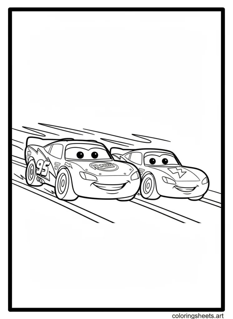 Lightning McQueen and Cruz Ramirez racing together coloring page