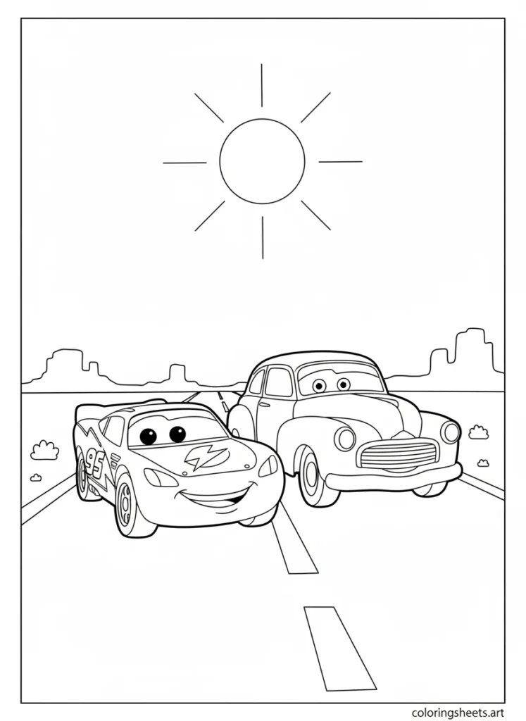 Lightning McQueen and Doc Hudson on the open road coloring page