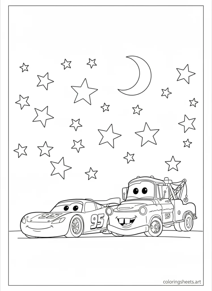 Lightning McQueen and Mater stargazing at night coloring page