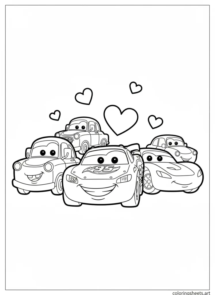 Lightning McQueen with all his car friends coloring page