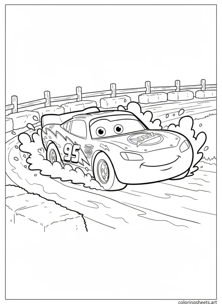 Lightning McQueen racing on a muddy dirt track coloring page