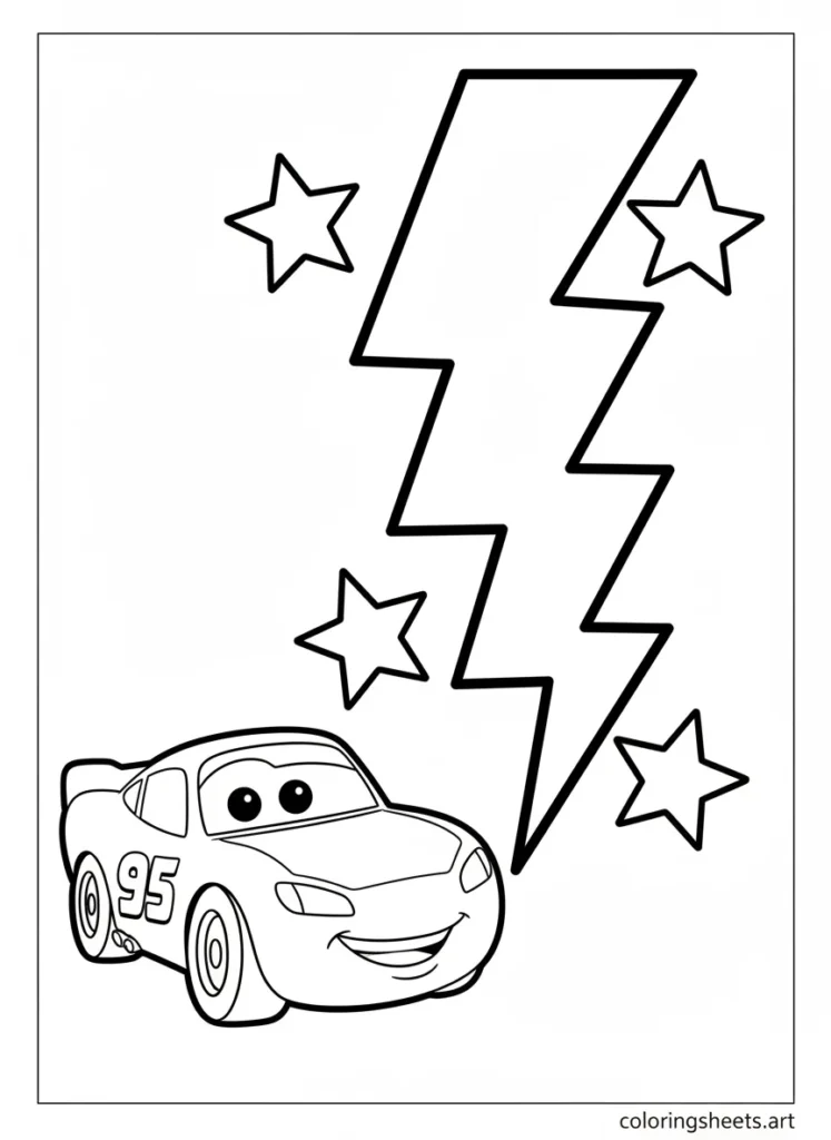Lightning McQueen next to a giant lightning bolt coloring page