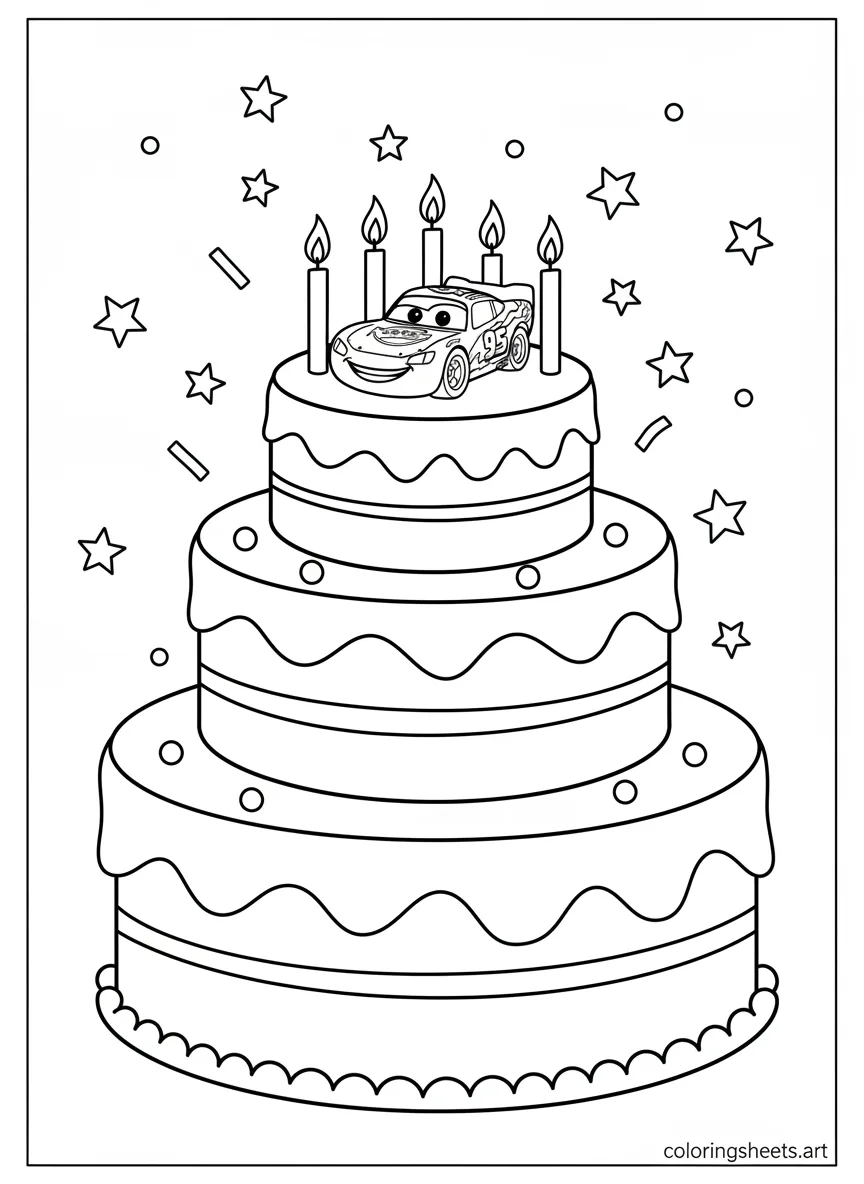 Lightning McQueen on top of a birthday cake coloring page