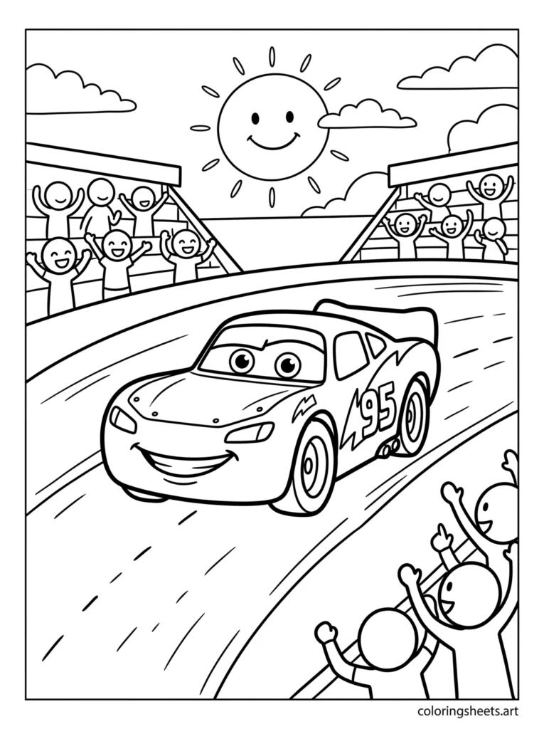 Lightning McQueen on racetrack with cheering crowd coloring page