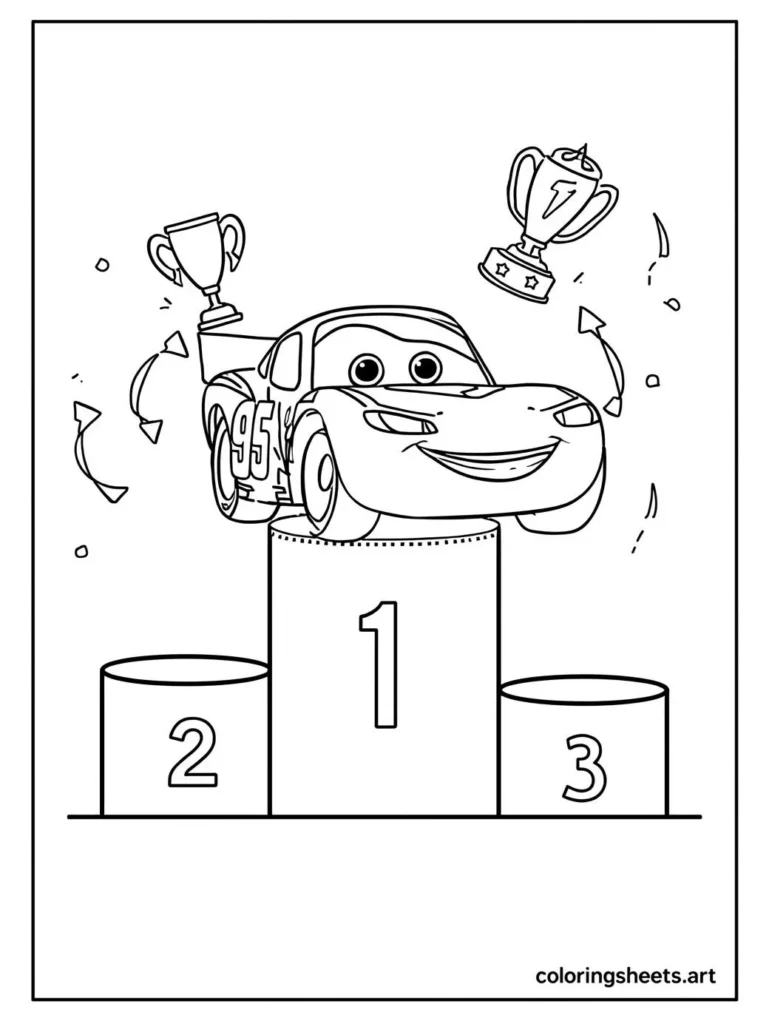 Lightning McQueen on the winners podium coloring page