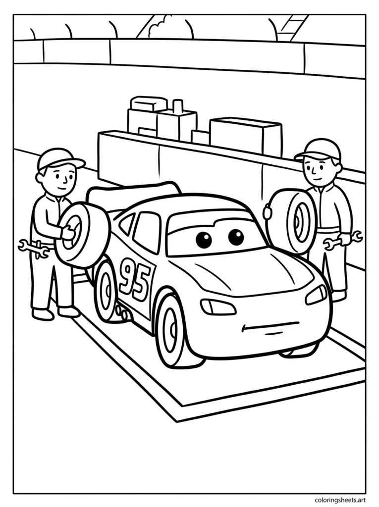 Lightning McQueen at a pit stop getting new tyres coloring page