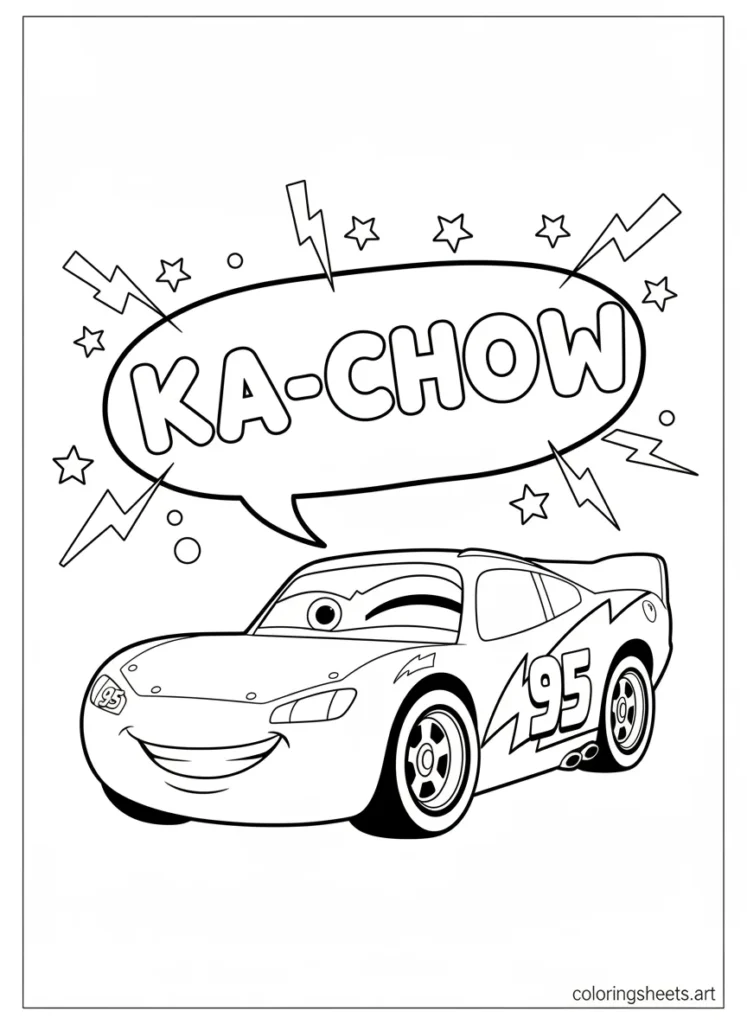 Lightning McQueen saying ka-chow coloring page for kids