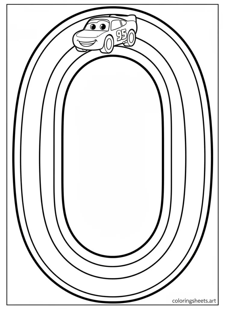 Lightning McQueen on a simple oval track coloring page for toddlers