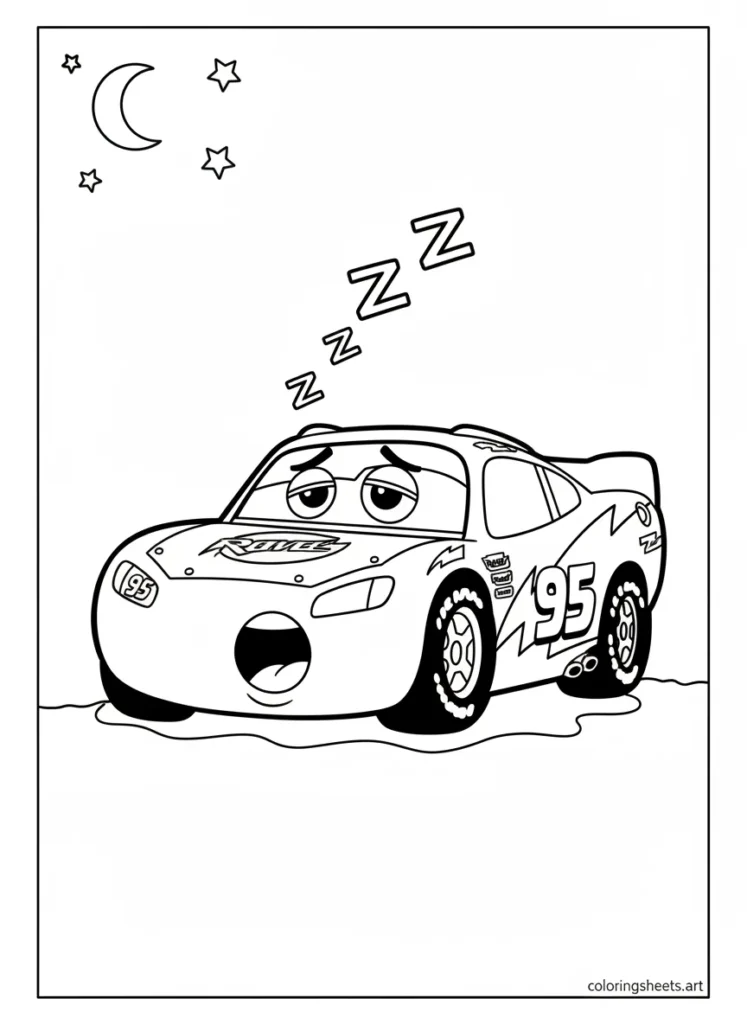 Sleepy Lightning McQueen yawning after the race coloring page