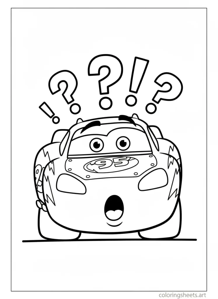 Surprised Lightning McQueen with wide open eyes coloring page